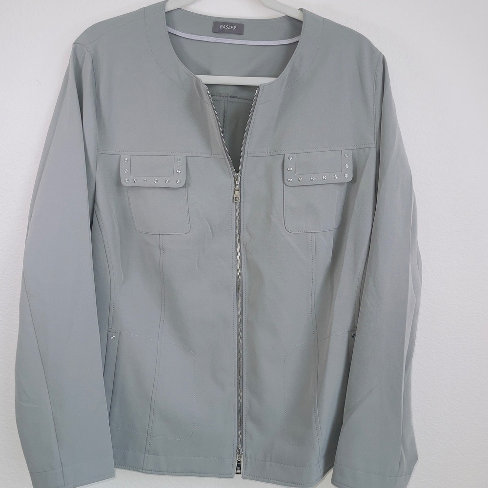 BASLER Womens Gray Studded Zip Front Blazer Jacket Size 46 US 16 Stretch Ukraine